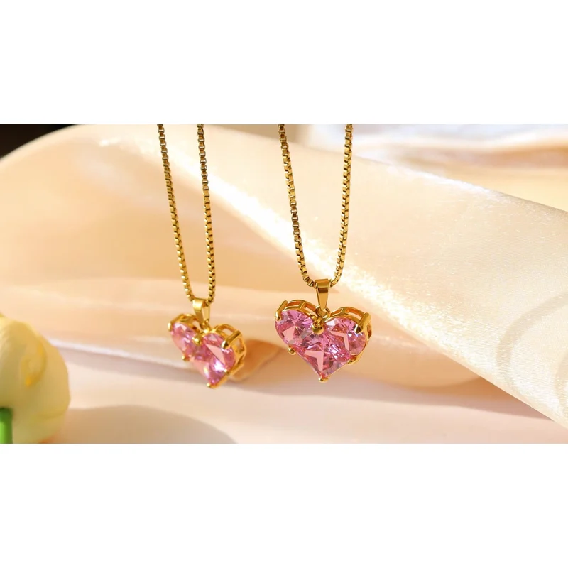 Pink Color Heart Shape Necklace and Earrings Women Jewelry Set