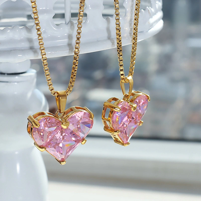 Pink Color Heart Shape Necklace and Earrings Women Jewelry Set
