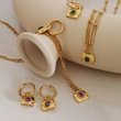 Stone Setting Padlock Pendant Necklace and Earrings Jewelry Set