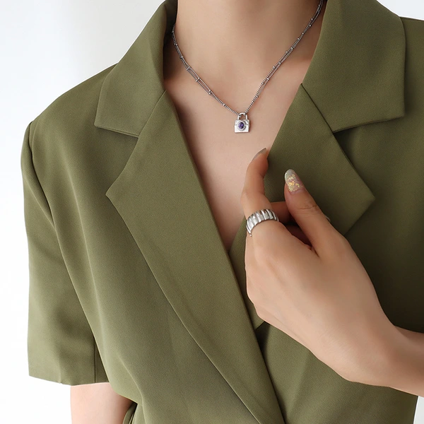 Stone Setting Padlock Pendant Necklace and Earrings Jewelry Set