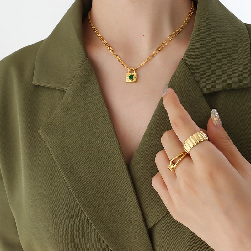 Stone Setting Padlock Pendant Necklace and Earrings Jewelry Set