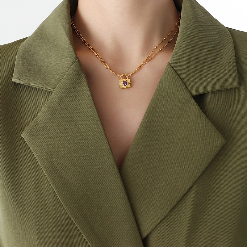 Stone Setting Padlock Pendant Necklace and Earrings Jewelry Set