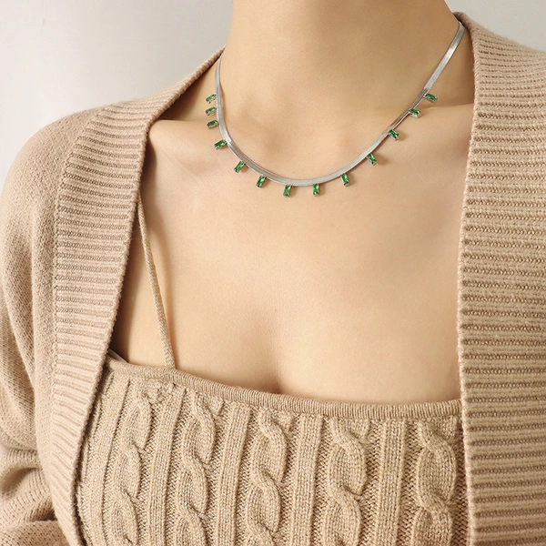 Flat Snake Chain Green Stone Steel Necklace