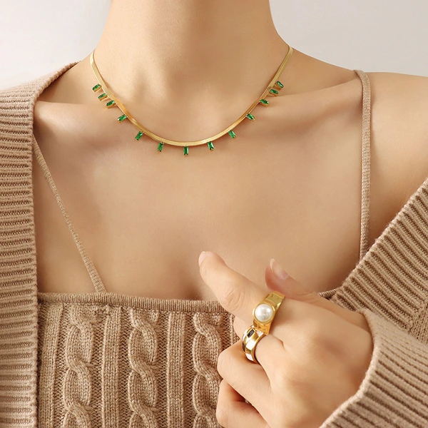 Flat Snake Chain Green Stone Steel Necklace