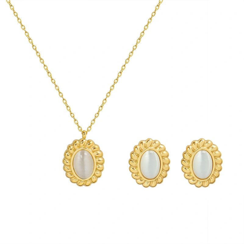 White Oval Moonstone Necklace and Earrings Jewelry Set