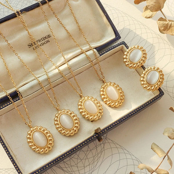 White Oval Moonstone Necklace and Earrings Jewelry Set