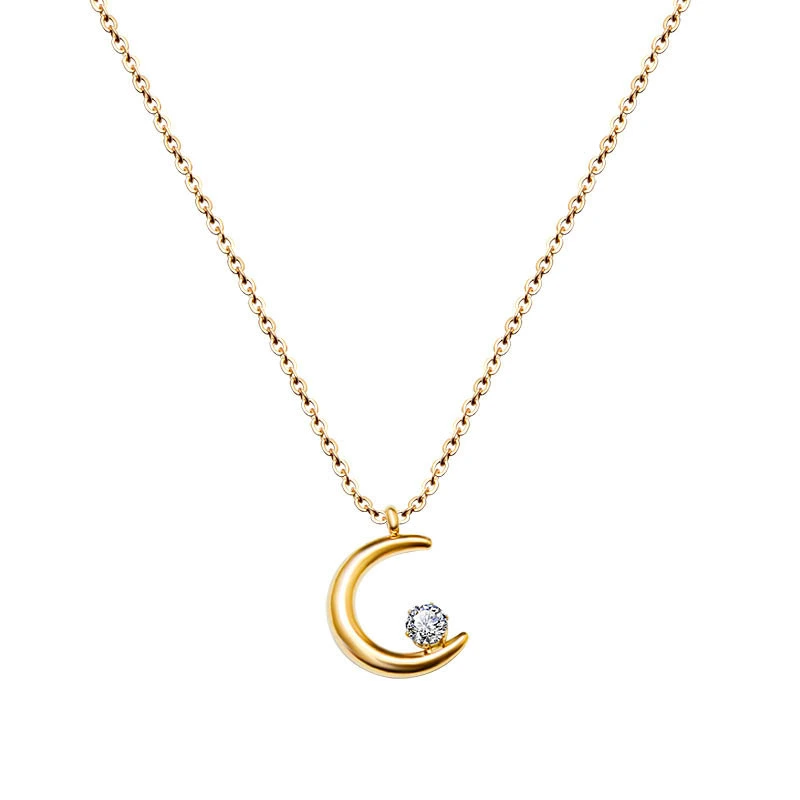 Yellow Gold Color White Cubic Zircon Moon Pendant Necklace