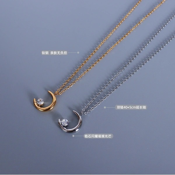 Yellow Gold Color White Cubic Zircon Moon Pendant Necklace