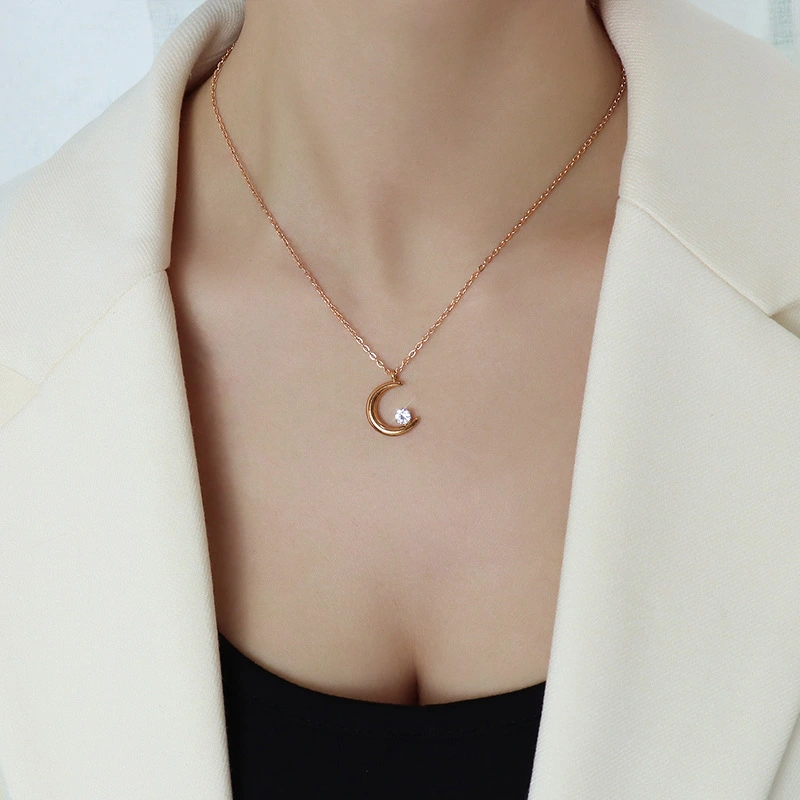 Yellow Gold Color White Cubic Zircon Moon Pendant Necklace