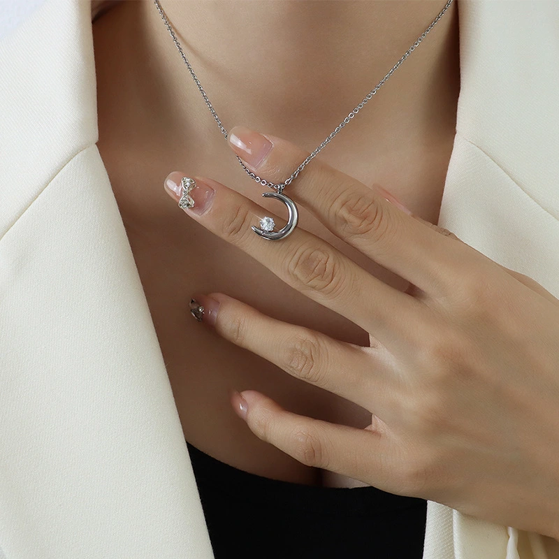 Yellow Gold Color White Cubic Zircon Moon Pendant Necklace