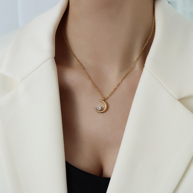Yellow Gold Color White Cubic Zircon Moon Pendant Necklace