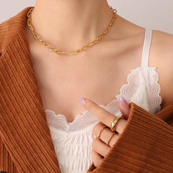 Paper Clip Chain and Beaded Chain Pendant Necklace