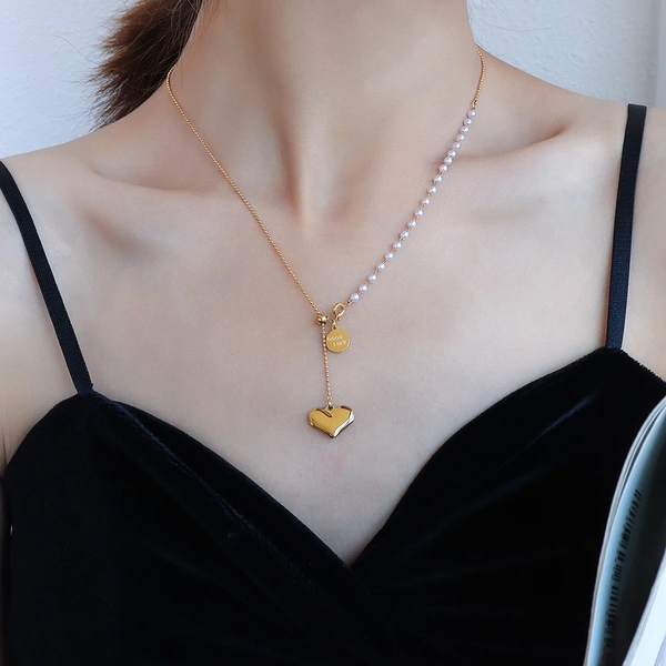 Beaded Chain Mother of Pearl Heart Women Necklace