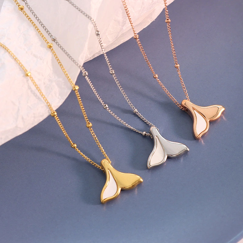 Bobble Chain Mother of Pearl Whale's Tail Pendant Necklace