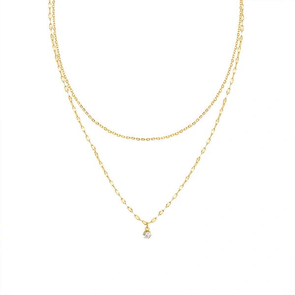 18K Gold Plated Double Chain Crystal Round Diamond Necklace