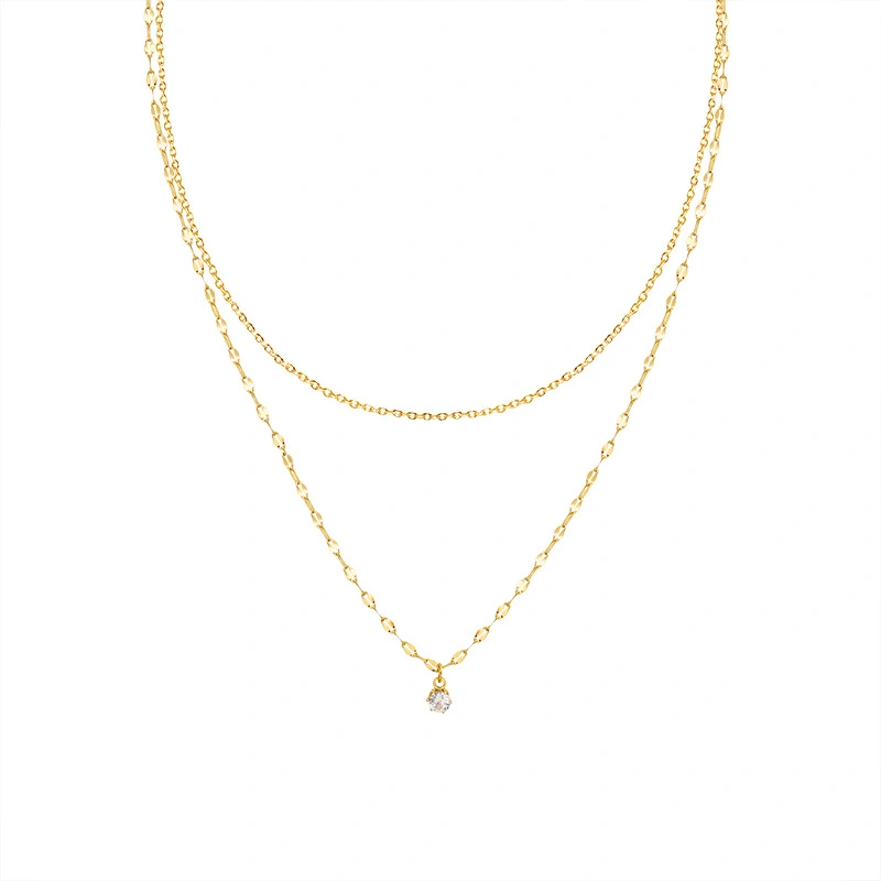 18K Gold Plated Double Chain Crystal Round Diamond Necklace
