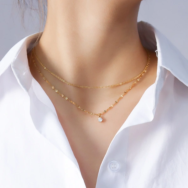 18K Gold Plated Double Chain Crystal Round Diamond Necklace