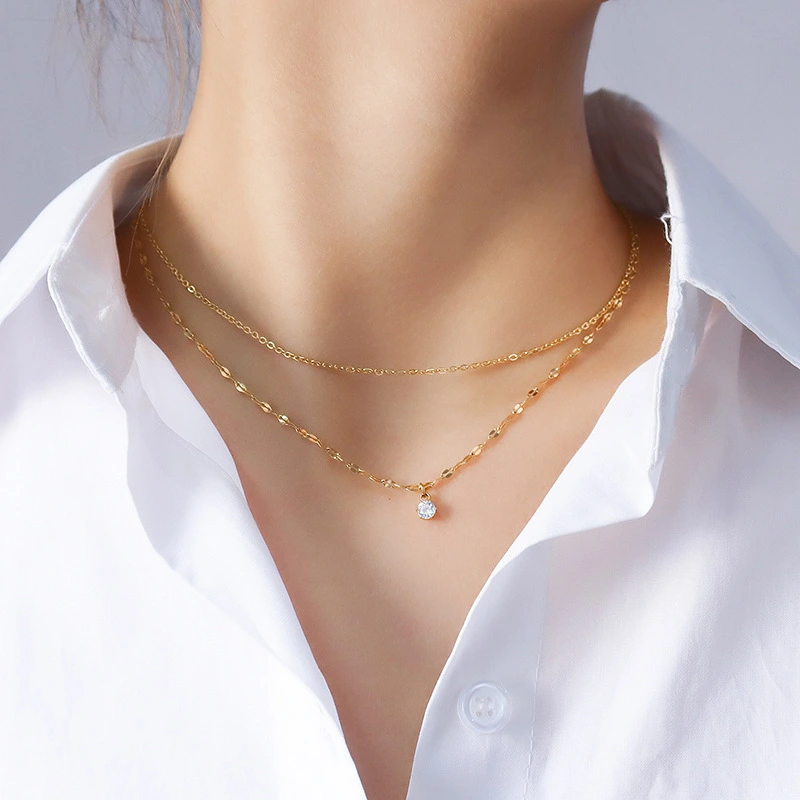 18K Gold Plated Double Chain Crystal Round Diamond Necklace