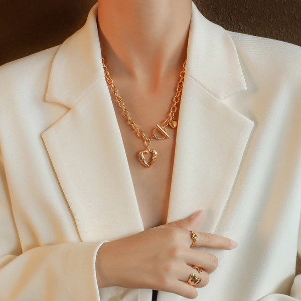 18K Gold Plated Angel Wing Love Heart T Bar Pendant Necklace