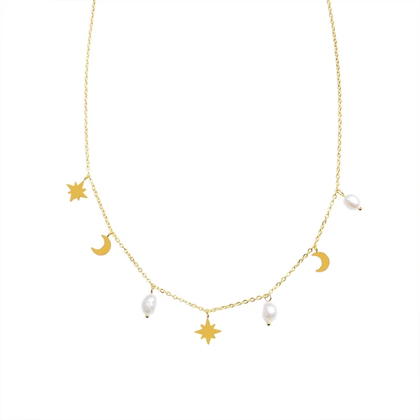 Women Fashion Jewelry Moon and Star Pearl Jewelry Necklace