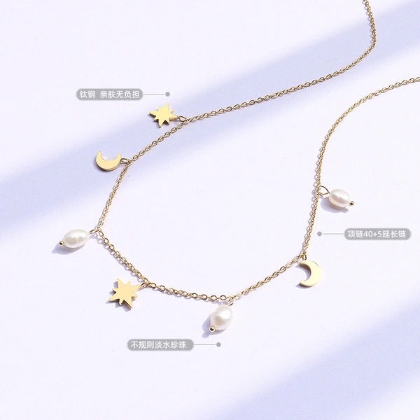 Women Fashion Jewelry Moon and Star Pearl Jewelry Necklace