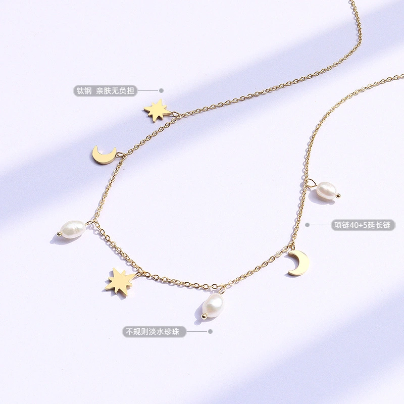Women Fashion Jewelry Moon and Star Pearl Jewelry Necklace