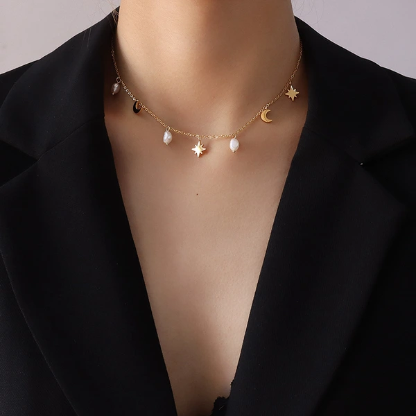 Women Fashion Jewelry Moon and Star Pearl Jewelry Necklace