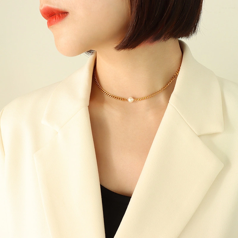 5mm Cuban Chain Women Pearl Necklace Jewelry