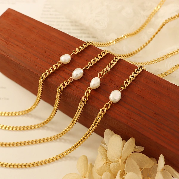 5mm Cuban Chain Women Pearl Necklace Jewelry