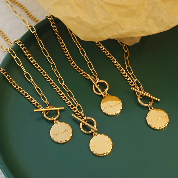 Gold Plated Curb Chain and Paper Clip Chain T Bar Pendant Necklace