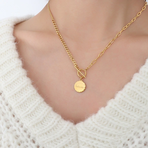 Gold Plated Curb Chain and Paper Clip Chain T Bar Pendant Necklace