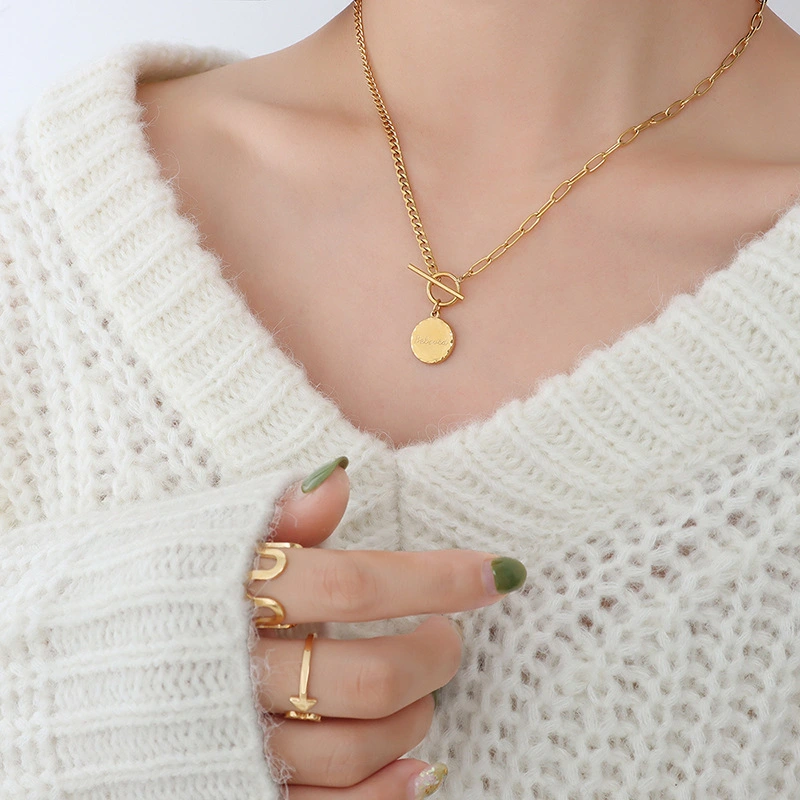 Gold Plated Curb Chain and Paper Clip Chain T Bar Pendant Necklace