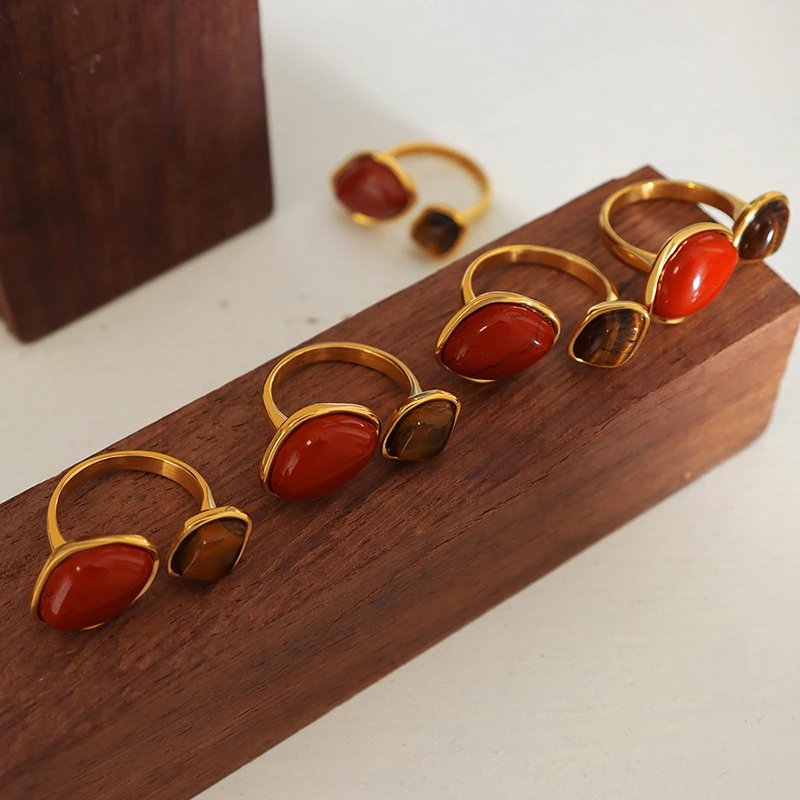 Stainless Steel Crystal Gold Red Premium Garnet Ring