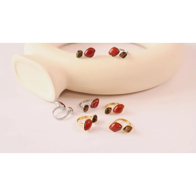 Stainless Steel Crystal Gold Red Premium Garnet Ring