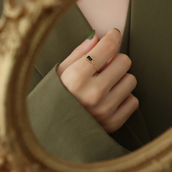 Green Gemstone Titanium Steel Gold Plated Adjustable Ring