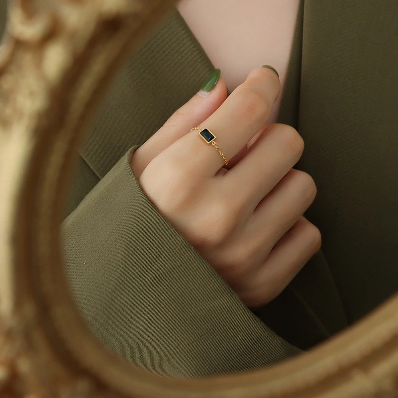 Green Gemstone Titanium Steel Gold Plated Adjustable Ring