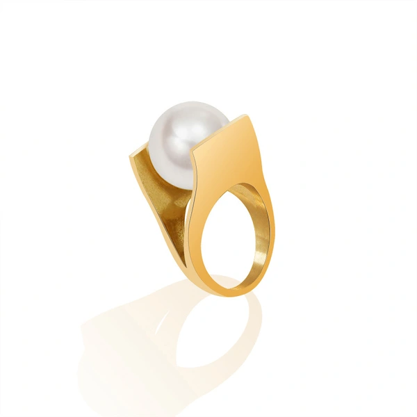 Stainless Steel Gold Plated Statement Exaggerated Pearl Ring