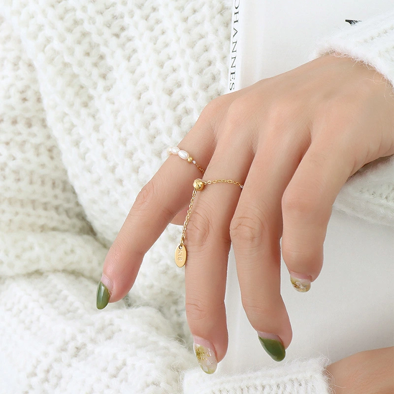 Adjustable Chain Gold Women Pearl Ring