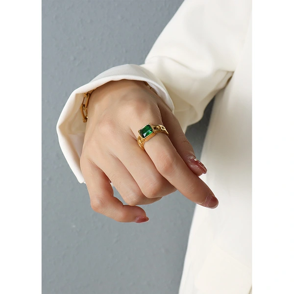 Gold Color Bezel Setting Green Stone Ring