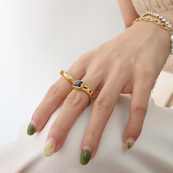 Gold Color Bezel Setting Green Stone Ring