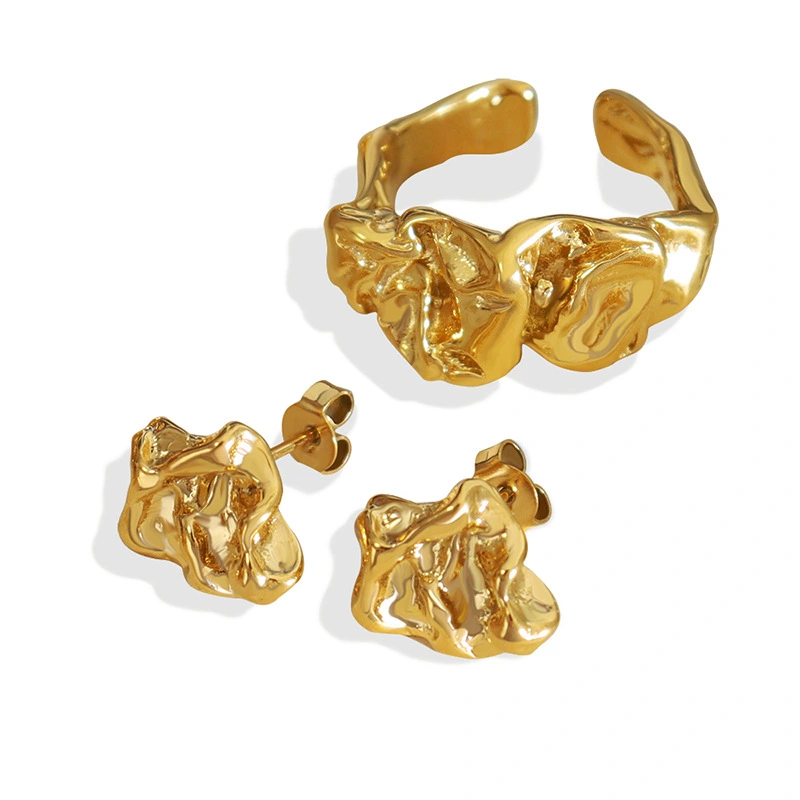 Steel PVD Gold Irregular Crumpled Tin Foil Style Ring