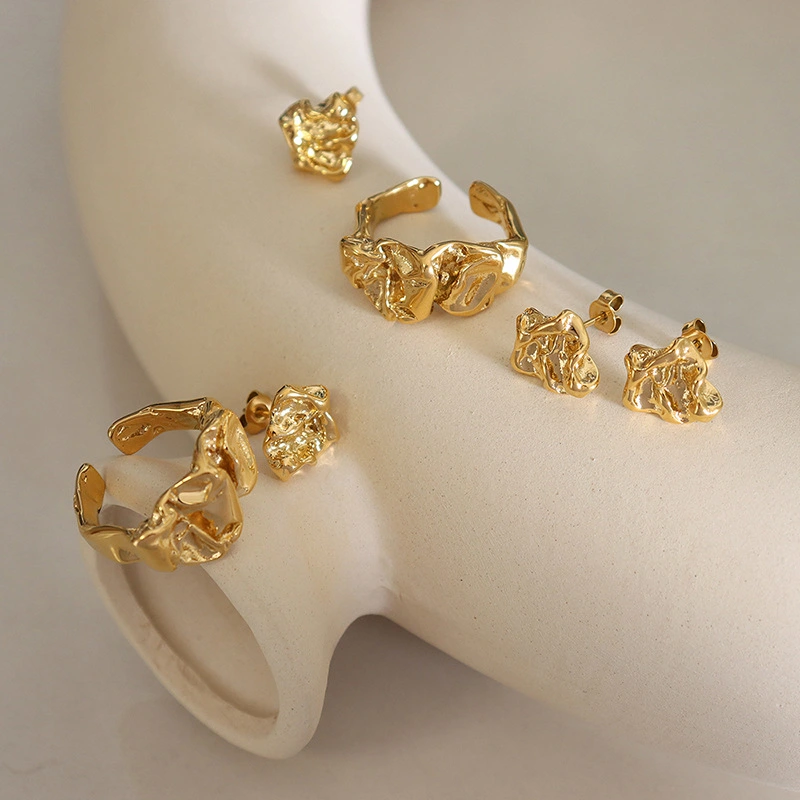 Steel PVD Gold Irregular Crumpled Tin Foil Style Ring