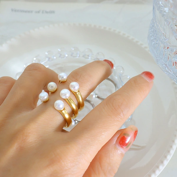 Gold Color Women Design White Pearl Open Ring