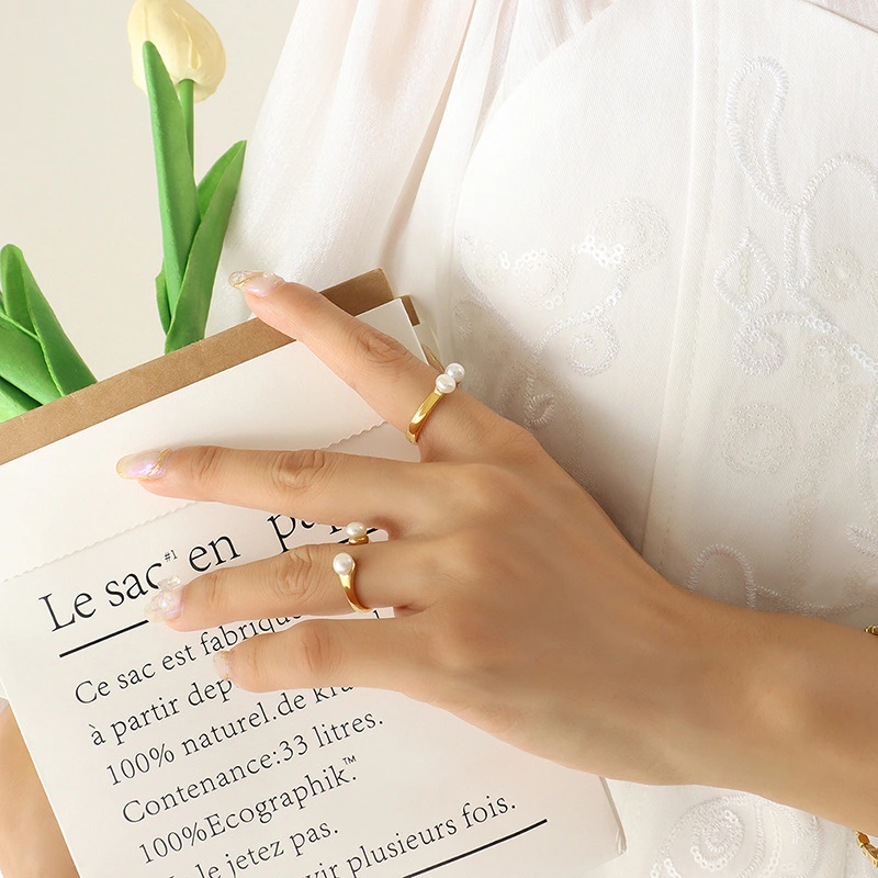 Gold Color Women Design White Pearl Open Ring