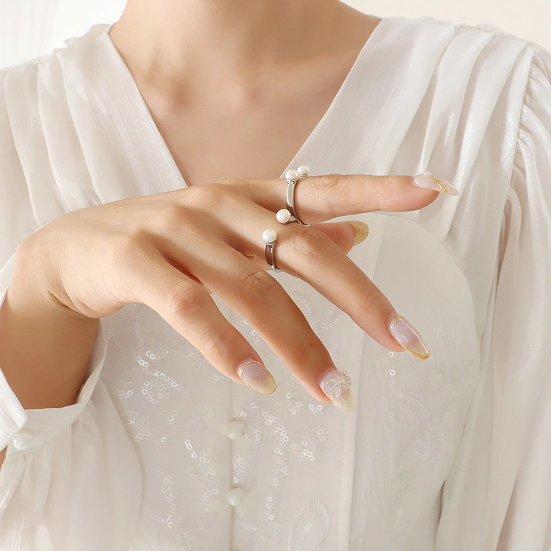 Gold Color Women Design White Pearl Open Ring