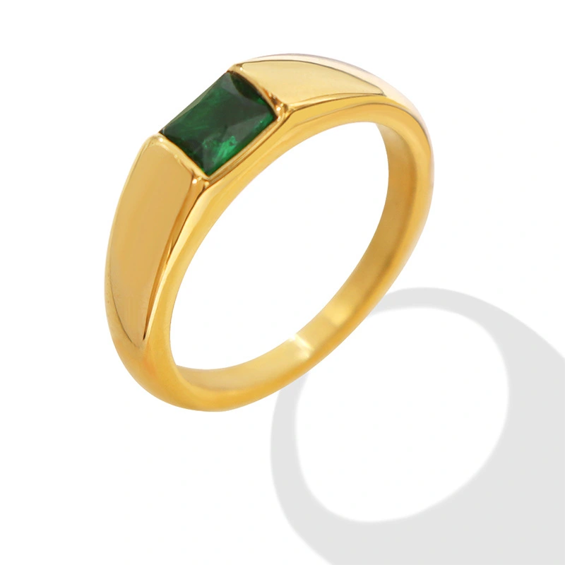 Steel Gold Plated Green Gemstone Ring