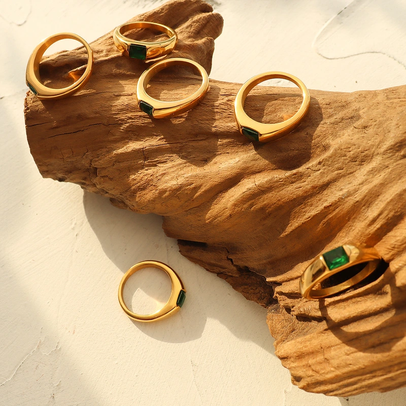Steel Gold Plated Green Gemstone Ring