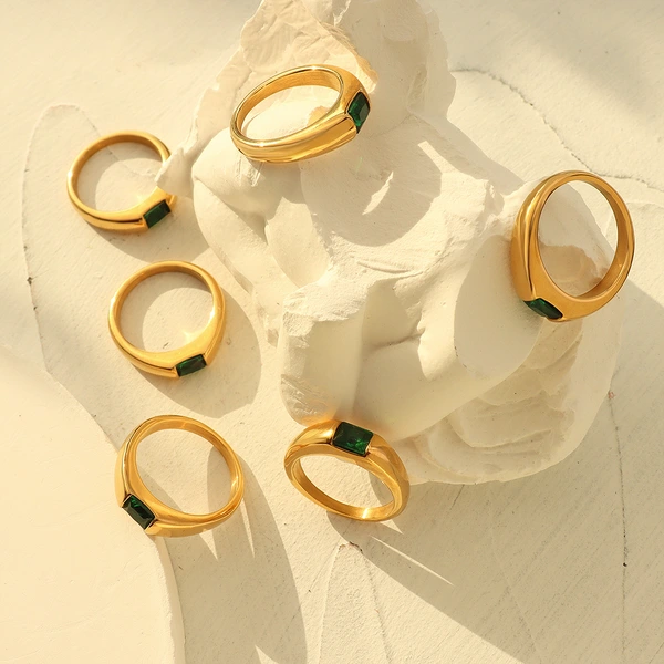 Steel Gold Plated Green Gemstone Ring