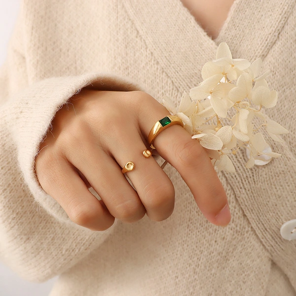 Steel Gold Plated Green Gemstone Ring