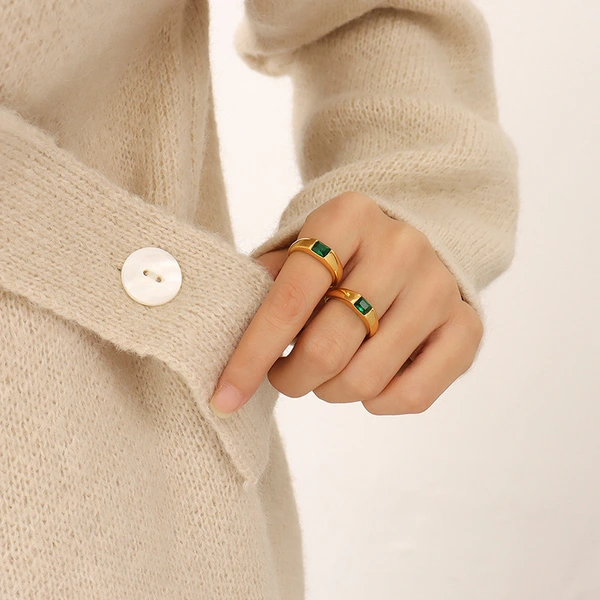 Steel Gold Plated Green Gemstone Ring